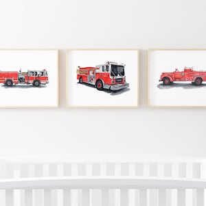 Printable Firetruck watercolor set, fire engine poster, fire and rescue décor, boys room wall art