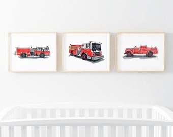 Printable Firetruck watercolor set, fire engine poster, fire and rescue décor, boys room wall art