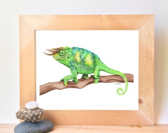 Printable Jackson's Chameleon Watercolor painting, lizard art print, reptile poster, boys bedroom wall art, playroom animal decor