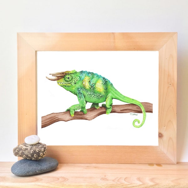 Printable Jackson's Chameleon Watercolor painting, lizard art print, reptile poster, boys bedroom wall art, playroom animal decor