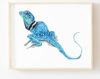 Printable lizard watercolor print, blue collard lizard, boys room wall art, reptiles, animal paintings, gallery wall, poster