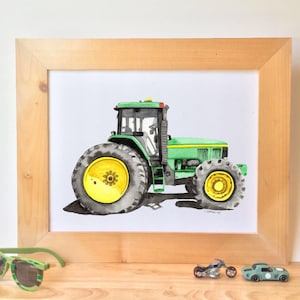 Stampabile Green Tractor Stampa ad acquerello, arte murale per camera da letto per ragazzi, arredamento per l&#39;asilo nido del trattore per bambini, sala giochi del trattore, stampe scaricabili