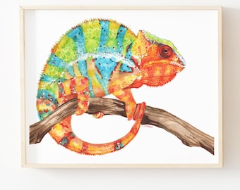 Printable Panther Chameleon Watercolor painting, lizard art print, reptile poster, boys bedroom wall art, playroom animal decor