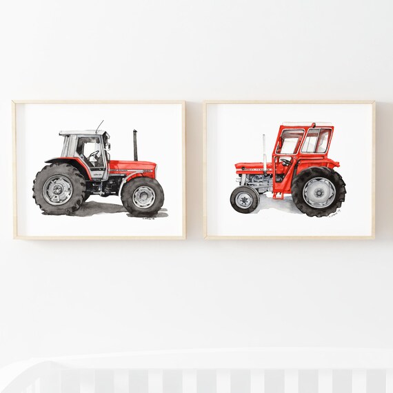 Printable Red Tractor Wall Art, playroom art print set, little boys bedroom tractor poster, digital download