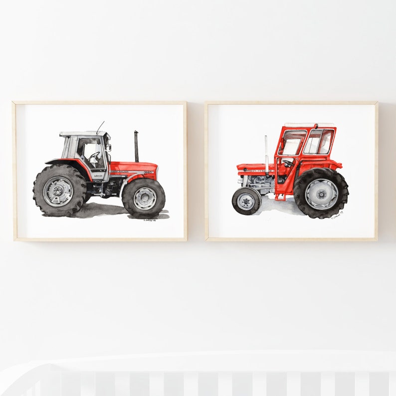 May include: Two watercolour paintings of red tractors. The tractor on the left is a larger, newer model with a grey cab. The tractor on the right is a smaller, older model with a red cab.