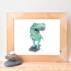 Printable T Rex Dinosaur Watercolor Wall Art, boys dino theme bedroom art prints, digital download, little boys dinosaur room image 1