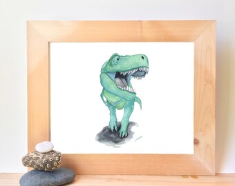 Printable T Rex Dinosaur Watercolor Wall Art, boys dino theme bedroom art prints, digital download, little boys dinosaur room