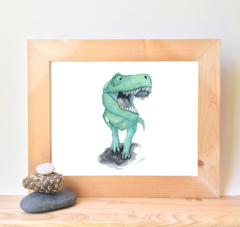 Printable T Rex Dinosaur Watercolor Wall Art, boys dino theme bedroom art prints, digital download, little boys dinosaur room image 1