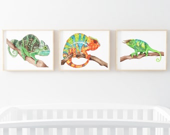 Printable Chameleon watercolor art, boys bedroom art print set, playroom lizard décor, reptile theme wall prints, kids room animal wall art