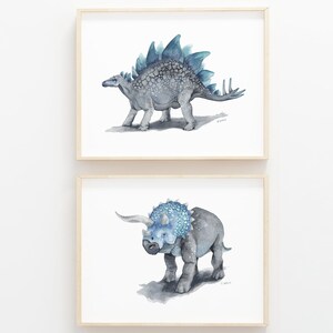 Printable Watercolor Dino Art Print Set, little boys dinosaur bedroom, prehistoric wall art, playroom wall decor, digital download
