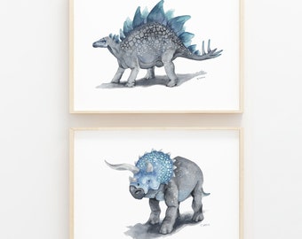 Printable Watercolor Dino Art Print Set, little boys dinosaur bedroom, prehistoric wall art, playroom wall decor, digital download
