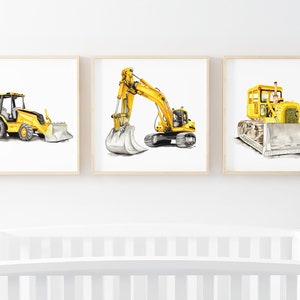 Printable Construction Bedroom Wall art, equipment watercolor art print set, loader, bulldozer, backhoe, excavator, boys playroom poster