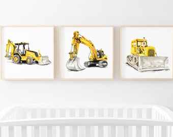 Printable Construction Bedroom Wall art, equipment watercolor art print set, loader, bulldozer, backhoe, excavator, boys playroom poster