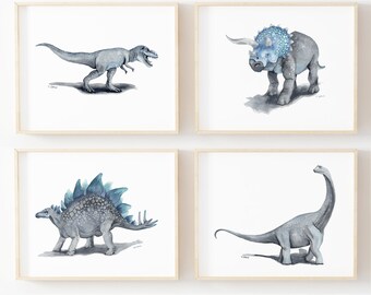 Printable Watercolor Dino Art Print Set, little boys dinosaur bedroom, prehistoric wall art, playroom wall décor, digital download, t rex