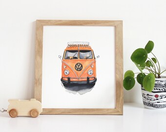 Printable Vintage Car Wall Art, retro car poster, teen bedroom décor, boy bedroom, digital download, playroom art print, kids décor, orange