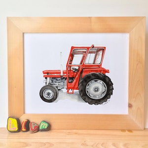 May include: A watercolour painting of a red Massey Ferguson 135 tractor. The tractor is on a white background and has a black and white tyre.