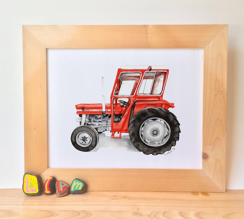 May include: A watercolour painting of a red Massey Ferguson 135 tractor. The tractor is on a white background and has a black and white tyre.