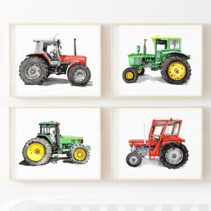 Printable Tractor wall art for kids bedroom, watercolor art print, green tractor, red tractor, baby boy tractor nursery, playroom décor image 1