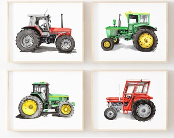 Printable Tractor wall art for kids bedroom, watercolor art print, green tractor, red tractor, baby boy tractor nursery, playroom décor