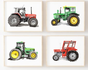 Arte de pared de tractor imprimible para dormitorio de niños, impresión de arte de acuarela, tractor verde, tractor rojo, guardería de tractor de bebé, decoración de sala de juegos