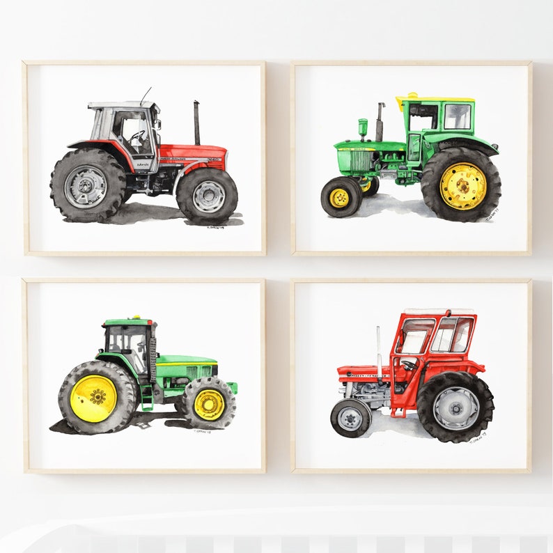 May include: Set of four watercolor paintings of tractors. Each painting features a different tractor in a different color, including red, green, and yellow. The tractors are all in profile view and are set against a white background.