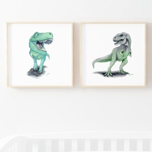 Printable Watercolor T Rex Art Print Set, little boys dinosaur bedroom, prehistoric wall art, playroom wall décor, digital download