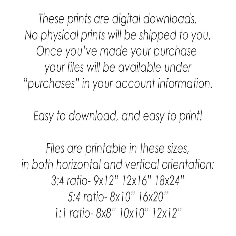 May include: Text explaining that these prints are digital downloads and will not be shipped. The text also lists the available print sizes in inches: 9x12, 12x16, 18x24, 8x10, 16x20, 8x8, 10x10, and 12x12.