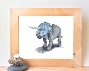 Printable Triceratops Dinosaur Watercolor Wall Art, boys dino theme bedroom art prints, digital download, little boys dinosaur room