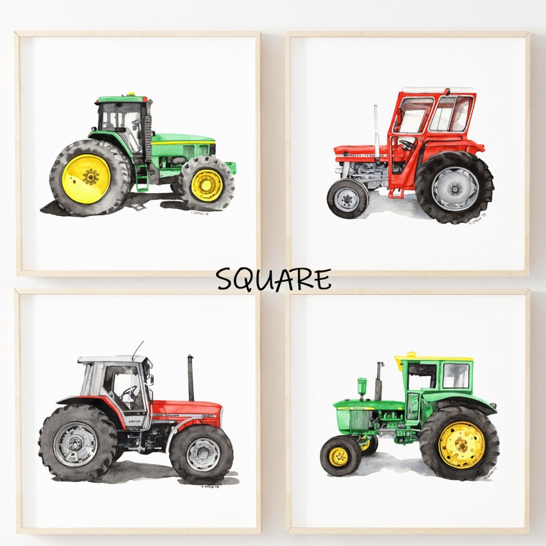 May include: Set of four watercolor paintings of different tractors. Each painting features a different color tractor with a white background. The tractors are all in profile view and have a detailed design.