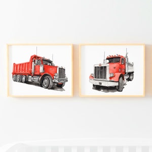 Set d&#39;arte per camion con cassone ribaltabile stampabile, arte murale della camera da letto dei bambini, stampe di poster per sale giochi, illustrazione di camion, asilo nido per bambini, rosso