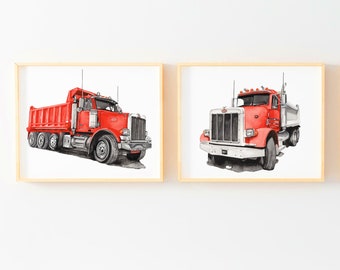 Printable Dump Truck Art Set, little boys bedroom wall art, playroom poster prints, truck illustration, baby boy truck nursery, red