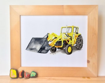 Printable Construction Nursery Art Print, big kids playroom wall art, equipment poster print, boys bedroom décor, loader digger illustration