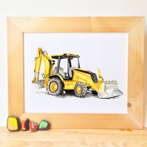May include: A framed watercolor painting of a yellow backhoe excavator on a white background. The painting is in a light wood frame.