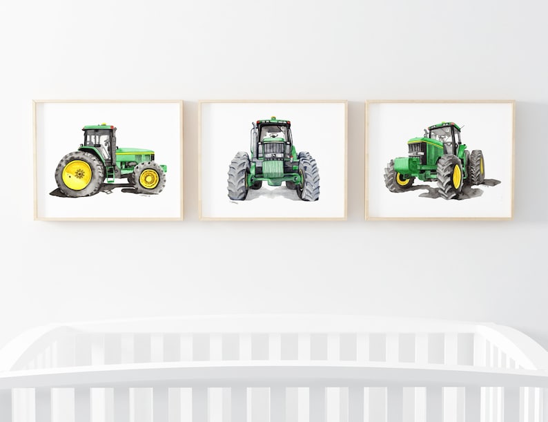 Printable Tractor Wall art, green tractor prints, boys bedroom watercolor art, tractor playroom décor, downloadable prints image 1