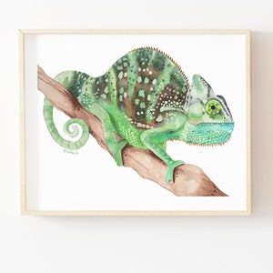 Printable Veiled Chameleon Watercolor painting, lizard art print, reptile poster, boys bedroom wall art, playroom animal decor image 1