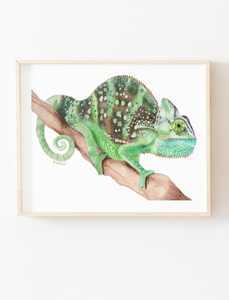 Printable Veiled Chameleon Watercolor painting, lizard art print, reptile poster, boys bedroom wall art, playroom animal decor image 1