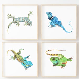 Printable Lizard watercolor art, boys bedroom art print set, playroom animal décor, reptile theme wall prints, kids room animal wall art