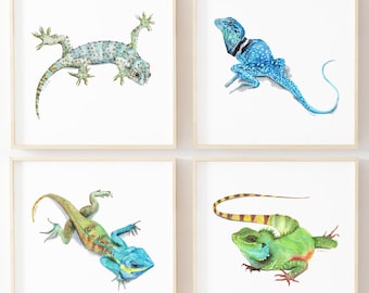 Printable Lizard watercolor art, boys bedroom art print set, playroom animal décor, reptile theme wall prints, kids room animal wall art