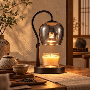 May include: A black metal candle warmer lamp featuring a curved arm and a smoke-tinted glass shade. The lamp illuminates a clear glass jar candle with white wax, positioned on a circular base, creating a warm glow on the surface.