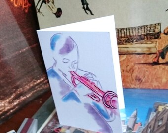 Cartão de felicitações em branco com trompetista de jazz masculino