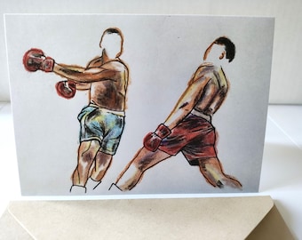 Homenagem ao lendário boxeador Muhammad Ali, cartão de felicitações em branco com desenhos a tinta e pastel.