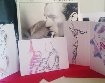 Conjunto de quatro artistas de jazz, cartão de felicitações em branco