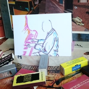 Mannelijke jazzartiest met piano, blanco wenskaart