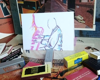 Artista de jazz masculino com piano, cartão de felicitações em branco
