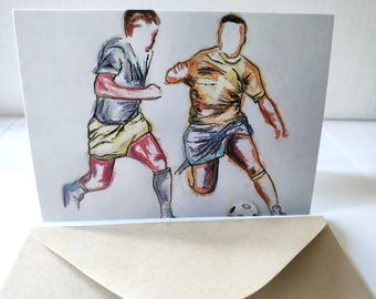Homenagem ao lendário jogador de futebol Pelé, um cartão de felicitações em branco desenhado à tinta e em tons pastel.