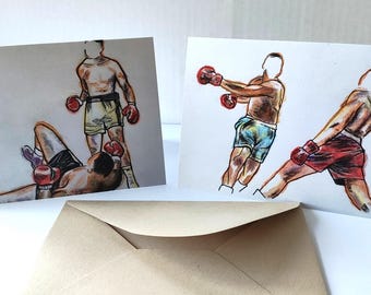 Conjunto de dois cartões de felicitações em branco em tons pastel e tinta, em homenagem ao lendário boxeador e ícone Muhammad Ali.