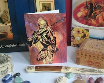 Cartão de felicitações em branco com estampa de ninja e espada