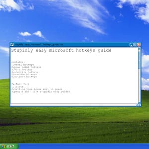 Może przedstawiać: Okno pliku tekstowego o tytule 'stupidly_easy_microsoft_hotkeys_guide.txt' wyświetlone na tle zielonego wzgórza i niebieskiego nieba. Tekst zawiera skróty klawiszowe Microsoft dla programów Excel, PowerPoint, Word, OneDrive, OneNote i Outlook oraz listę docelowych użytkowników.