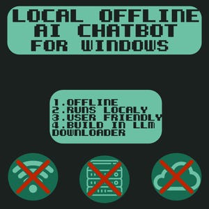 Könnte beinhalten: Eine digitale Grafik mit dem Text LOCAL OFFLINE AI CHATBOT FOR WINDOWS und einer Liste von vier Funktionen. Darunter befinden sich drei kreisförmige Symbole für kein WLAN, keinen Server und keine Cloud, jeweils mit einem roten X.