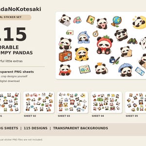 Op de afbeelding: Een digitale sticker-set genaamd PandaNoKotesaki met 115 illustraties van chagrijnige panda's in diverse outfits en activiteiten, inclusief vijf transparante PNG-vellen met kleurrijke extra's, wereldbollen, boeken en reisartikelen.